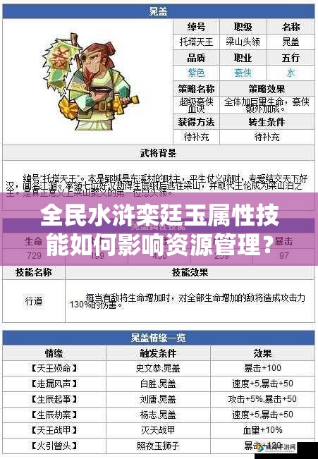 全民水浒栾廷玉属性技能如何影响资源管理？高效运用策略揭秘！